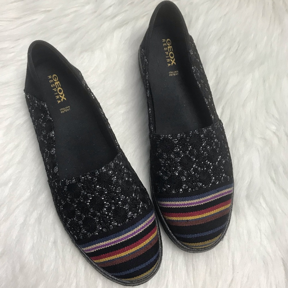 Geox slip on black espadrille with stripes size 9